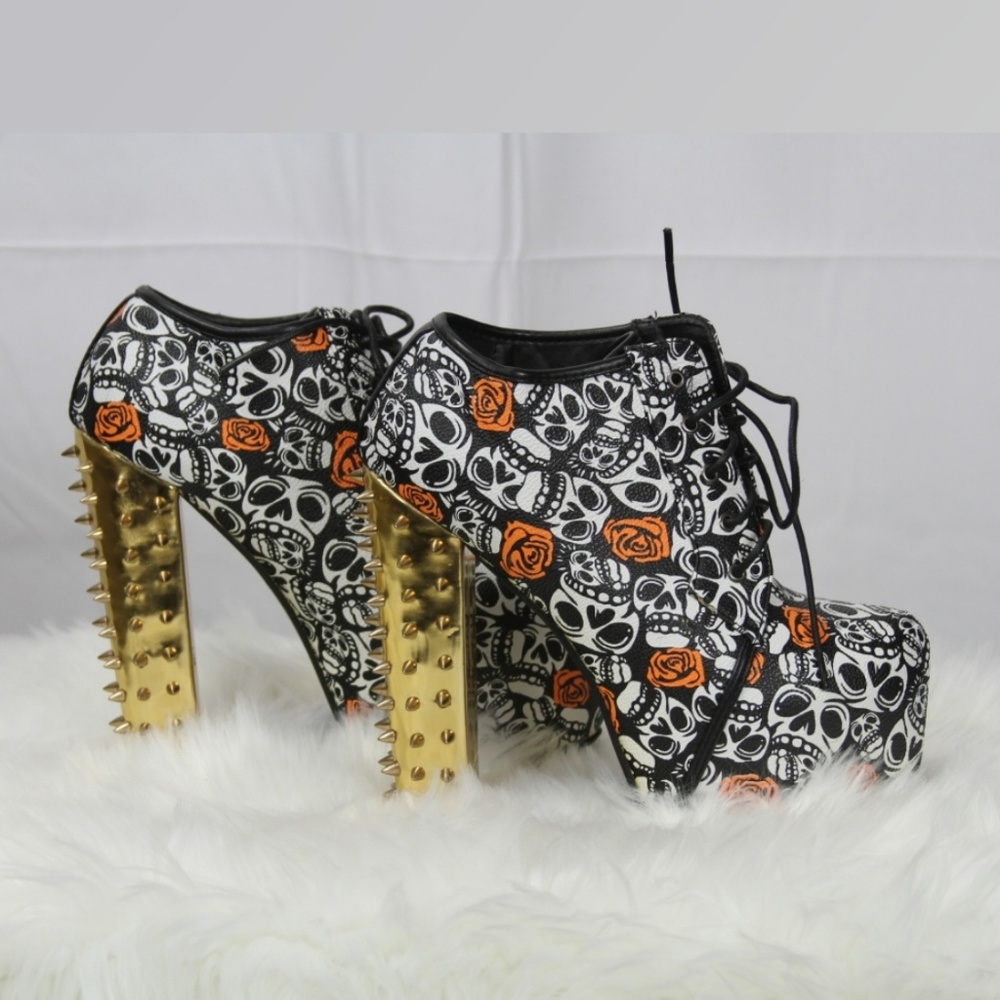 Red Kiss Platform Skull Gold Spiked Boots